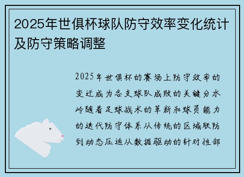 2025年世俱杯球队防守效率变化统计及防守策略调整